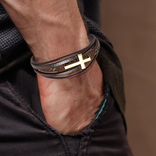 Leather Bracelet for Men Braided Stainless Steel Mens Bracelets - color: Brown-GoldCross