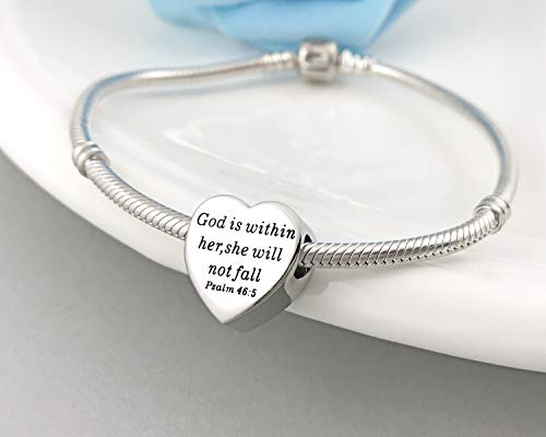 Heart Charm Fit Pandora Charms Bracelet Christian Bible Verse Charm Prayer Faith Religious Charms Gifts for Women - style: God is within her,she will not fall Psalm 46:5