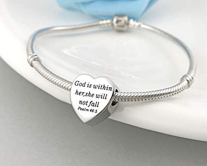 Heart Charm Fit Pandora Charms Bracelet Christian Bible Verse Charm Prayer Faith Religious Charms Gifts for Women - style: God is within her,she will not fall Psalm 46:5