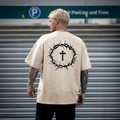 Mens Faith Over Fear Christian Shirts Jesus God Religious Bible Verse Cross Tshirt Oversized Acid Wash Graphic Tees - color: Apricot, size: X-Small