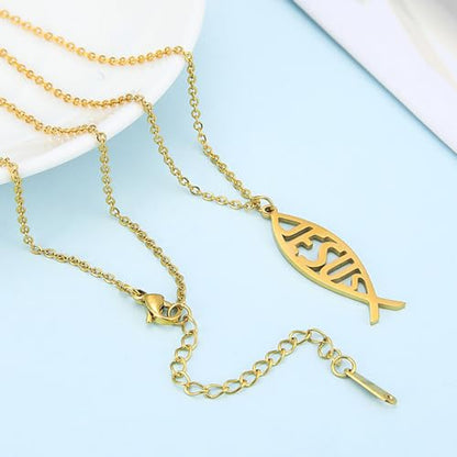 Ichthus Necklace for Women Christian Jesus Fish Necklace Christ Fish Cross Ichthys Pendant Necklace Ichthus Fish Religious Symbol Pendant Christian Jewelry Gift - color: Jesus Fish gold