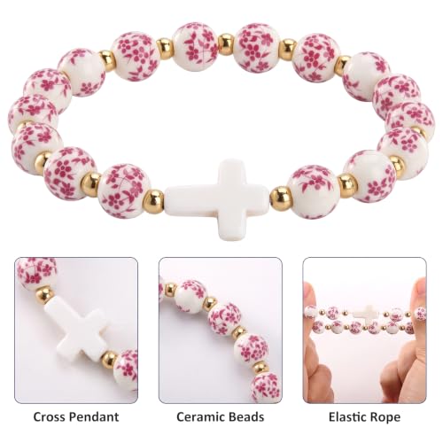 Cross Bracelet for Women - Christian Cross Beaded Bracelet Religious Jewelry for Women, Catholic Confirmation Gifts Inspirational Stretch with Charm, Meaningful Confirmation Jewelry Gifts - color: Rose Red
