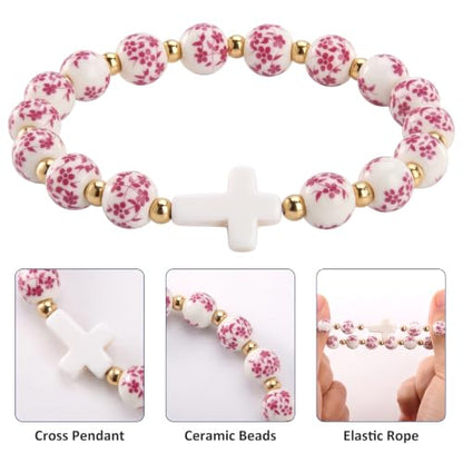 Cross Bracelet for Women - Christian Cross Beaded Bracelet Religious Jewelry for Women, Catholic Confirmation Gifts Inspirational Stretch with Charm, Meaningful Confirmation Jewelry Gifts - color: Rose Red