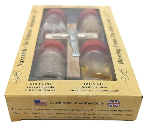 Zuluf Holy Land Set 5 in 1 Olive Wood Cross Set with 4 Bottles - Oil, Jordan Water, Holy Earth and Incense from Jerusalem | Catholic Orthodox Blessing Set from Israel | Religious Israel Gift HLG005