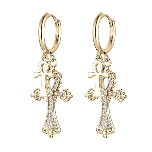 HZMAN Double Ankh Cross Huggie Hoop Earrings for Women, Brass Dangle Earrings with Cubic Zirconia, Vintage Baroque Religious Jewelry Gift