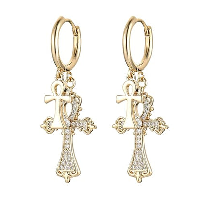 HZMAN Double Ankh Cross Huggie Hoop Earrings for Women, Brass Dangle Earrings with Cubic Zirconia, Vintage Baroque Religious Jewelry Gift
