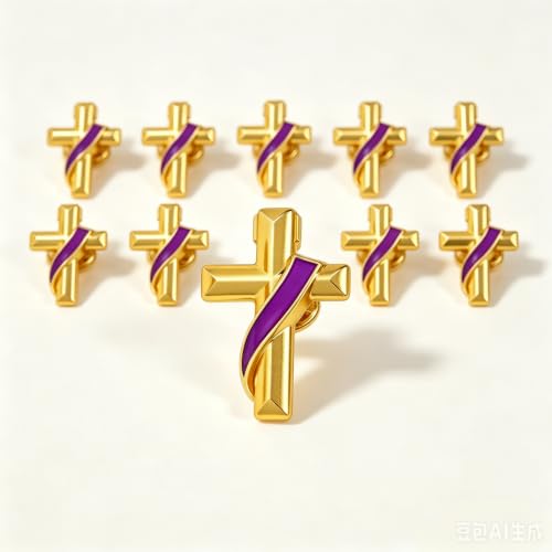 Clergy Gold Cross Lapel Pin with Enamel Ribbon, Christian Religious Brooch Badge, Suit Collar Accessory Faith Gift for Church Staff Believers - color: Purple