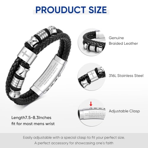 Christian Silver Leather Bracelet for Men - Double-Row Braided Leather Faith Cross Bracelets Bangle Religious Baptism Inspirational Bible Verse Jewelry Gift for Men, Adjustable Wristband 7.5"-8.6" - color: Brown Black-JOSHUA 1:9