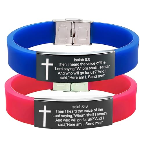 Bible Verse Isaiah 6:8 Bracelets - 2Pcs Inspirational Isaiah 6 8 Cuff Bracelet with Cross Symbol Christian Jewelry Silicone Wristband with Bible Quote For Men Women - color: Blue+Red