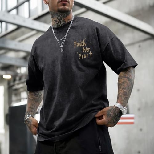 Christian Shirts for Men Faith Over Fear Acid Wash Tshirts Faith Religious Tees God Bible Verse Inspirational Tops - color: Black1, size: Medium