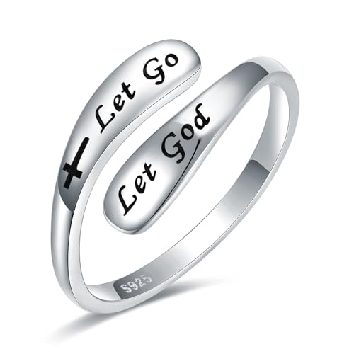 925 Sterling Silver Inspirational Adjustable Rings - Personality Encouragement Jewelry Gift For Women - style: Let Go Let God