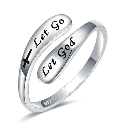 925 Sterling Silver Inspirational Adjustable Rings - Personality Encouragement Jewelry Gift For Women - style: Let Go Let God