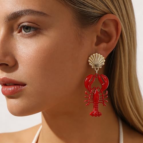 Creative Exaggerated Ocean Animal Drop Dangle Earrings for Women, Bohemia Style Alloy Lobster Octopus Fish Crab Earrings for Summer Beach Holiday Party Jewelry Gifts - style: Shell Lobster Earrings-A