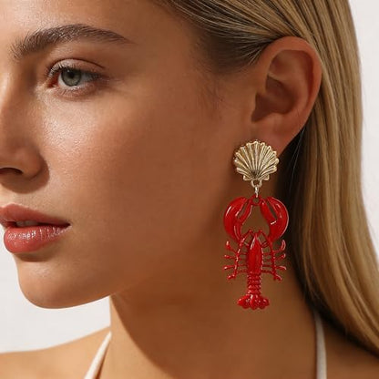 Creative Exaggerated Ocean Animal Drop Dangle Earrings for Women, Bohemia Style Alloy Lobster Octopus Fish Crab Earrings for Summer Beach Holiday Party Jewelry Gifts - style: Shell Lobster Earrings-A