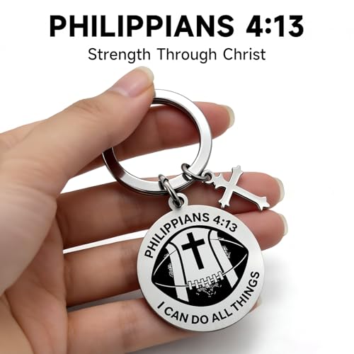 OFlyDesigns Christian Football Sports Keychain, Philippians 4:13 Engraved Inspirational Gift for Men Women Teens - style: Football