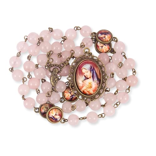Nazareth Store Our Lady of Sorrows Stone Beads Rosary Solid Beaded Chaplet Necklace with Epoxy 7 Seven Sorrows Medallion - color: Rose Quartz