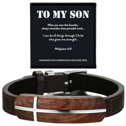 ARK & BAY Christian Leather and Rosewood Cross Bracelet For Men In Gift Box With Bible Verse | Meaningful Religious Scripture Jewelry For Him | Catholic Watch Strap Style Wristband For Husband, Boyfriend, Dad, Son, Brother, Nephew, Grandson, Friend, Grand