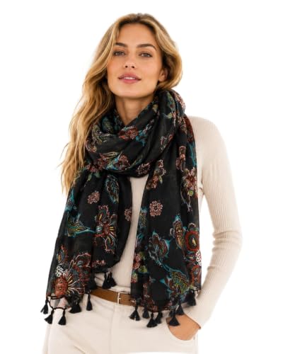 YOUR SMILE Large Boho Scarf for Women Lightweight Floral Printed Scarves Fall Winter Fashion Fringed Shawl wraps - color: 04 Navy Flower