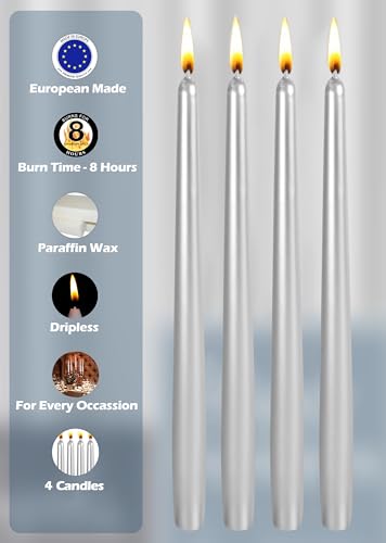Hyoola Tall Taper Candles - 10 Inch Metallic Silver Unscented Dripless Taper Candles - 8 Hour Burn Time - 4 Pack - color: Metallic Silver, size: 10 Inch