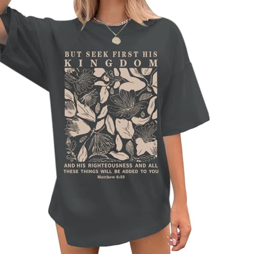 Oversized Christian Faith Shirts for Women Jesus Bible Verse Tshirts Wildflower Floral Boho Shirt Vintage Graphic Tee - color: Charcoal Gray, size: Large