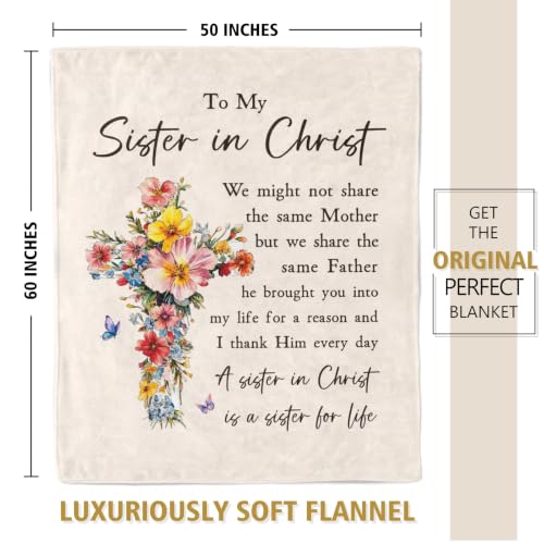 Christian Gifts for Women, Sister in Christ Floral Cross Blanket - color: Cream