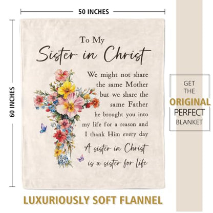 Christian Gifts for Women, Sister in Christ Floral Cross Blanket - color: Cream