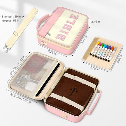 FINPAC Bible Cover with Shoulder Strap, Church Book Carrying Bible Case Bag - color: Letter Pink