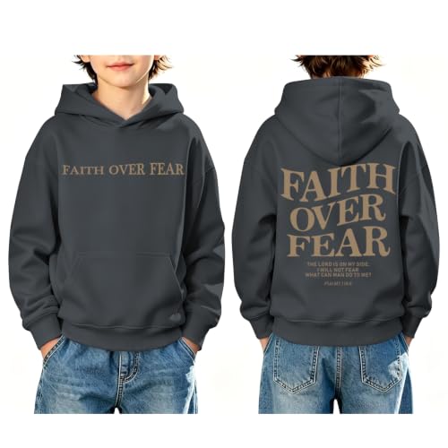 Fkatuzi Boys Christian Faith Over Fear Hoodie Kids Jesus Sweatshirt Faith Verse Bible God Religious Graphic Hoodies Pullover - color: Deep Gray, size: 7-8 Years