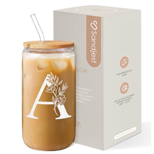 SANDJEST Monogrammed Gifts for Women - Monogram A Initial Glass Cup 16 Oz Can Coffee Cups with Lid and Straw - Monogram Initials Gifts for Womens on Birthday - color: Initial A