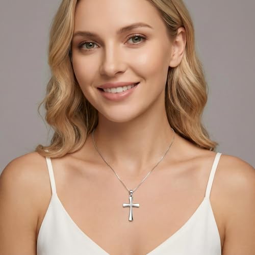 Sterling Silver Cross Necklace for Women 925 Sterling Silver Polished Curved Cross Pendant Necklace Handmade Crosses Religious Jewelry Gift