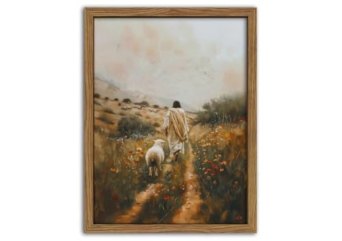 Jesus Leaves the 99 Sheep Canvas Wall Art Christian Wall Decor Picture Jesus and Lamb Painting The Lost Sheep Posters Prints for Living Room Bedroom Church Prayer Home Decor 12x16Inch Wood Framed - color: Dark, size: 16"L x 12"W