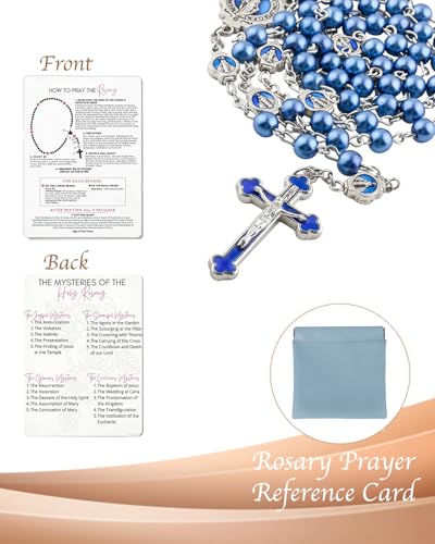 Catholic Rosary Necklace, Solid Glass Beads, Prayer Guide Included, Faith Gift for Women - color: blue