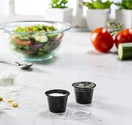 {1 oz - 100 Sets} Black Diposable Plastic Portion Cups With Lids, Small Mini Containers For Portion Controll, Jello Shots, Meal Prep, Sauce Cups, Slime, Condiments, Medicine, Dressings, Crafts, Disposable Souffle Cups & Much more - color: Black, size: 1 O