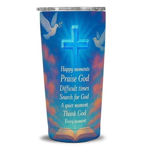20oz Christian Tumbler With Straw Lid, Faith Nutrition Label, Cross & Dove Stainless Steel Insulated Travel Cup, Inspirational Gift