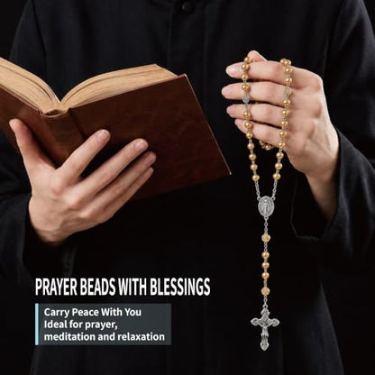 8mm Glass Pearl Rosary - Catholic Necklace for Men and Women Comes in a Metal Gift Box, First Communion Rosary Necklace as Gifts - color: Gilded Orange
