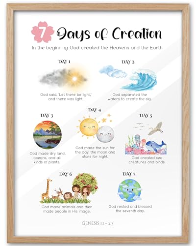 KensTro 12x16 Oak Framed 7 Days of Creation Christian Wall Art - color: 7 Days of Creation-Framed, size: 16"L x 12"W