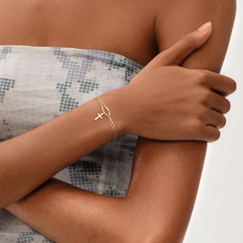 NECOCY Cross Bracelet for Women, 14K Gold/Silver Plated Dainty Bracelet
