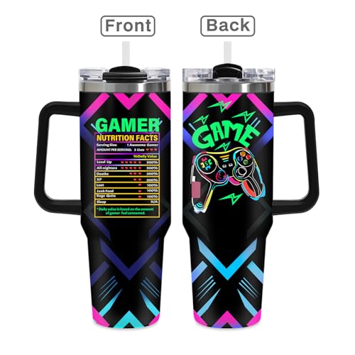 40oz Gamer Tumbler with Handle for Boys, Game Controller Gifts for Men Teenagers, Neon Double Wall Stainless Steel Insulated Travel Coffee Mug Present for Adult Kids Youth Him Birthday Room Decor - color: Game-D-155