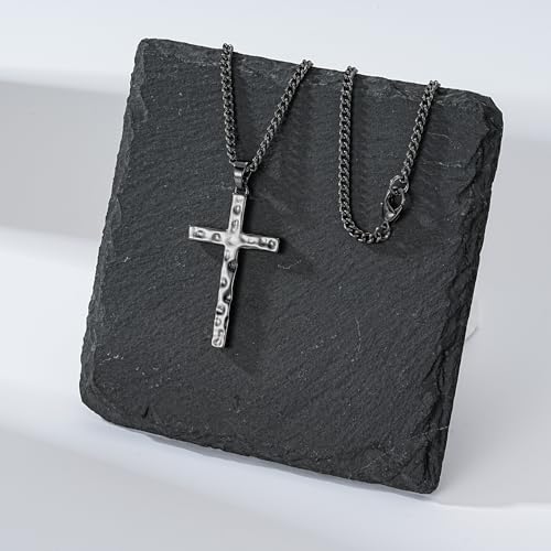 Cross Necklace for Men Boys - Hammered Cross Pendant with Cuban Chain Unique Crucifix Necklaces Christmas Christian Religious Jewelry Gifts 22+2 Inches - color: Black