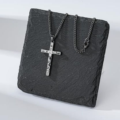 Cross Necklace for Men Boys - Hammered Cross Pendant with Cuban Chain Unique Crucifix Necklaces Christmas Christian Religious Jewelry Gifts 22+2 Inches - color: Black