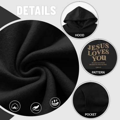 Wrenpies Christian Jesus Love You Hoodie for Men Jesus Is King Faith Religious Bible Verse Hoodies Graphic Fleece Sweatshirt - color: Black, size: XX-Large