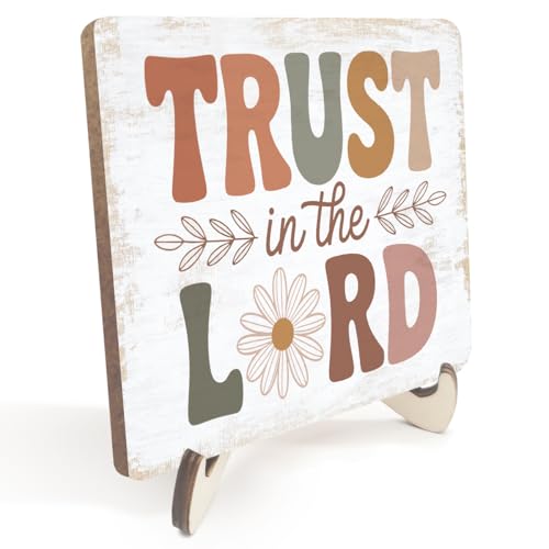 Christian Gifts Desk Decor, Rustic Wood Sign, Boho Faith Religious Bible Verse Quotes Decorative Desk Accessories for Home Bedroom Decor Office Accessories Cute Bohemian Table Bookshelf Wooden Sign - color: TrustInTheLord