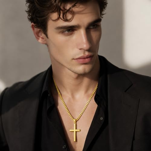 Sterling Silver Beveled Edge Cross Necklace for Men Women, S925 Cross Pendant with 5mm Cuban Chain, Non Tarnish Durable Stainless Steel Necklace, Silver Religious Jewelry, 16-30 Inch - color: Gold Cross Necklace, size: 18 in=46 cm
