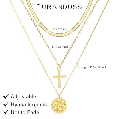 Turandoss Layered Cross Necklaces Stack for Women Girls, Christian Gift - color: Cross-Flat Snake