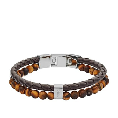 Fossil Men's Beaded Bracelet - color: Tigers Eye/Brown/Leather