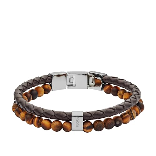 Fossil Men's Beaded Bracelet - color: Tigers Eye/Brown/Leather