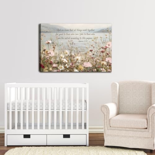 Bible Verse Romans 8 28 Wall Art Gallery Wrapped Canvas Prints Scripture Quotes Wildflower Landscape Picture Poster for Living Room Bedroom Christian Religious Artwork Wall Decor Home Decoration 24x16 Inch - color: Red; Gray, size: 24x16 Inch