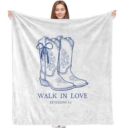 Blue Christian Western Blanket, Cowgirl Gifts for Women, Walk in Love Religious Bible Verse Western Cowgirl Throw Blankets for Girly Room Bedroom Dorm Apartment Couch Sofa, 50x60 Inches - color: Cowgirl