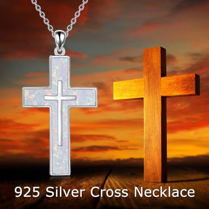 YFN Cross Necklace Sterling Silver Religious Cross Pendant Jewelry Christian Gifts for Women Men - style: A. White Opal