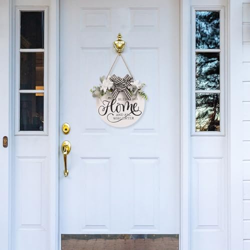 Welcome Sign for Front Door, 11.8 Inch Bless This Home and All Who Enter Sign with Wreaths, Round Wood Wall Hanging Decor for Home Front Porch Outdoor